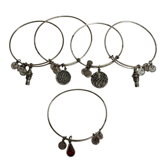 Alex & Ani Silver Charm Bangles Set Of 5 Ice Cream, K, Path of Life, Red Drop - Picture 2 of 4